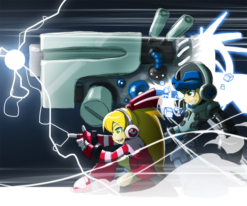 1boy 1girl arm_cannon beck_(mighty_no._9) blonde_hair boots call_(mighty_no._9) call_f charging digital_dissolve finger_gun flat_chest green_eyes grin hair_ribbon headphones helmet huge_weapon imbisibol knee_boots long_hair mighty_no._9 one_knee ponytail ribbon skirt smile striped_sleeves very_long_hair weapon