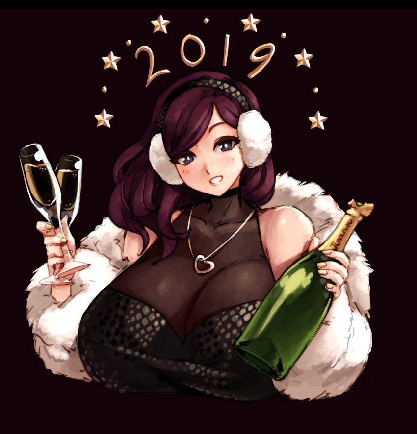 1girl 2019 alcohol bangs bare_shoulders beryl_(junkpuyo) black_dress blue_eyes blush bodystocking breasts champagne champagne_bottle champagne_flute cup dress drinking_glass earmuffs feather_boa halterneck happy_new_year head_tilt highres huge_breasts jewelry junkpuyo lips long_hair looking_at_viewer medium_hair necklace new_year original pendant purple_hair see-through smile solo strapless strapless_dress swept_bangs