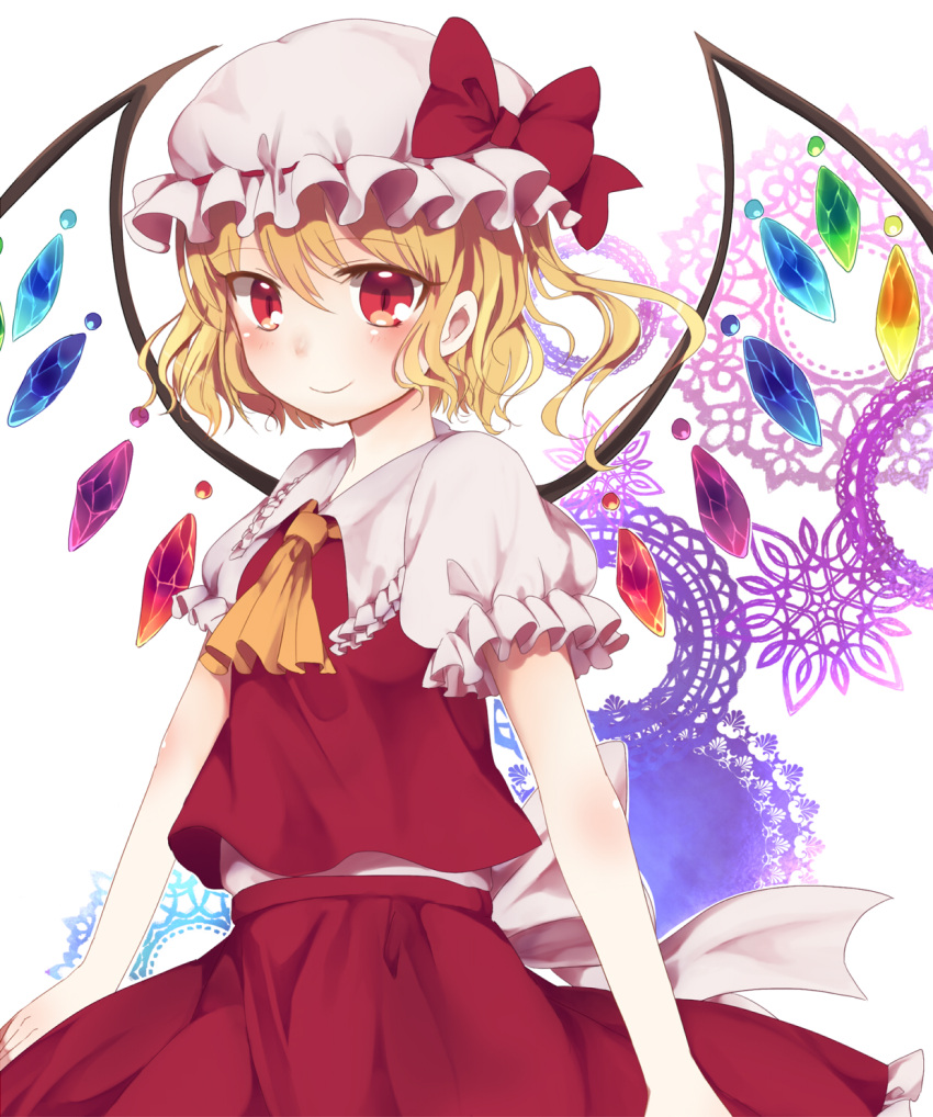 1girl ascot blonde_hair bow flandre_scarlet hachimitsu_ame_(phoenix) hat hat_bow highres looking_at_viewer mob_cap puffy_sleeves red_eyes shirt short_sleeves side_ponytail skirt skirt_set slit_pupils smile solo touhou vest wings