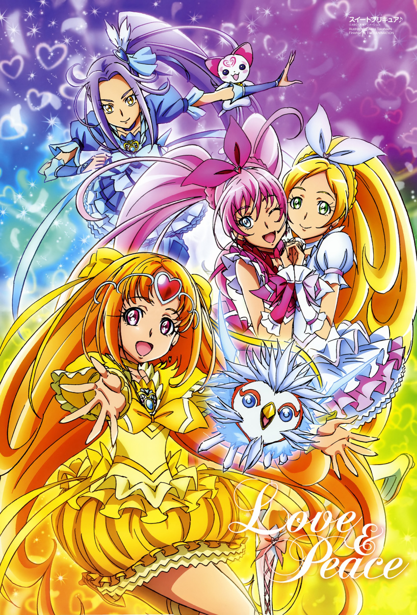 4girls absurdres blonde_hair blue_eyes bow brooch bubble_skirt choker cure_beat cure_melody cure_muse_(yellow) cure_rhythm dress eyelashes frills green_eyes hair_ornament hair_ribbon heart highres houjou_hibiki hummy_(suite_precure) jewelry kurokawa_eren long_hair magical_girl midriff minamino_kanade multiple_girls official_art orange_hair pink_hair precure purple_hair ribbon scan shirabe_ako side_ponytail skirt smile suite_precure twintails yellow_dress yellow_eyes