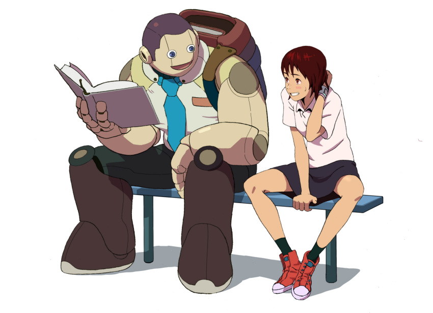 1boy 1girl android arm_rest backpack bag bench between_legs blue_eyes blush book brown_eyes brown_hair graphite_(medium) grin hand_behind_head hand_between_legs holding holding_book knees knees_apart_feet_together ladic looking_at_another mixed_media necktie no_laces open_book open_mouth original pink_shirt robot_joints scan scan_artifacts shoes short_hair simple_background sitting size_difference skirt smile sneakers socks sweatdrop traditional_media very_short_hair white_background wristband