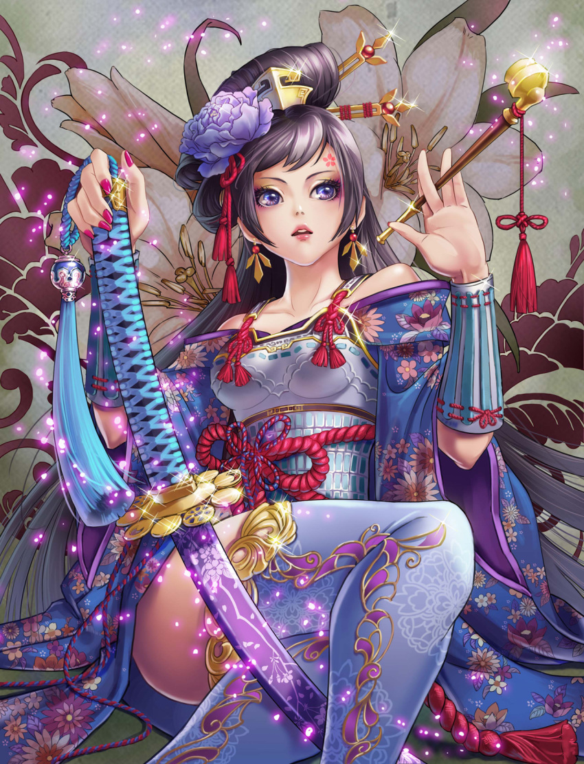1girl armor bare_shoulders black_hair blue_eyes blue_legwear breastplate cable crossed_legs earrings eyelashes eyeshadow floral_background floral_print flower hair_flower hair_ornament hair_stick hair_up hateko_tanuki highres japanese_clothes jewelry katana kimono makeup nail_polish open_mouth original parted_lips pipe sitting solo sparkle sword thighhighs unmoving_pattern weapon zettai_ryouiki