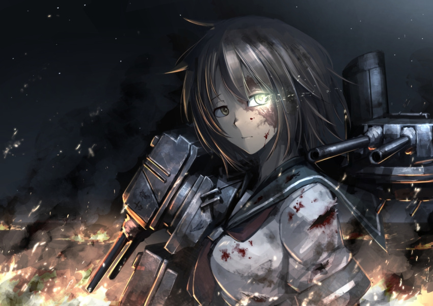 1girl blood brown_hair fire furutaka_(kantai_collection) glowing glowing_eye green_eyes hetza_(hellshock) injury kantai_collection machinery personification short_hair smoke solo torn_clothes turret