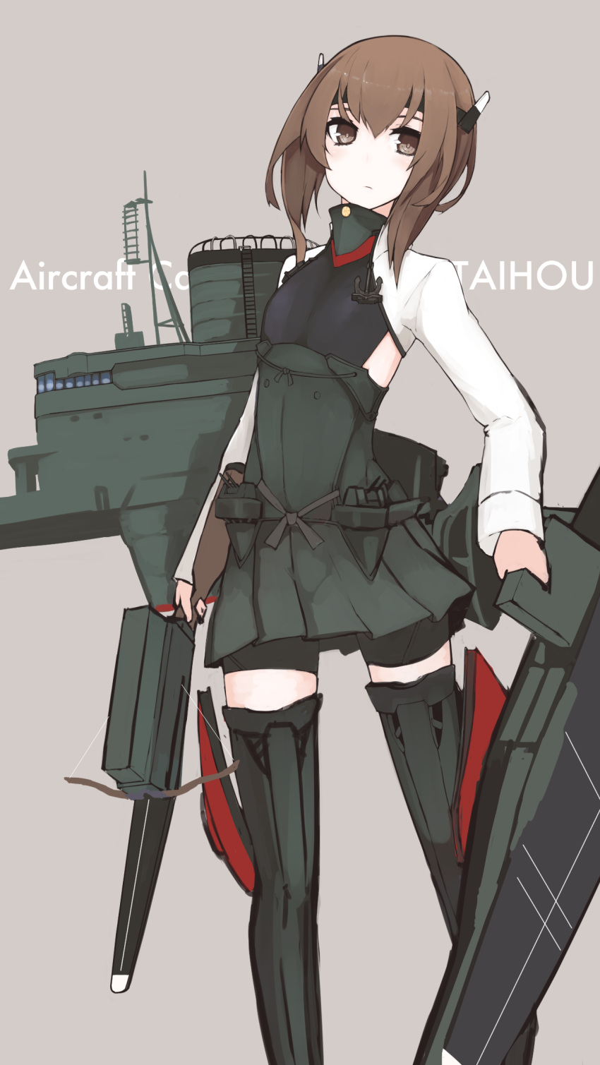 1girl anchor blush bow_(weapon) brown_eyes brown_hair crossbow headband highres kantai_collection looking_at_viewer mikoto_(oi_plus) short_hair simple_background skirt solo standing taihou_(kantai_collection) thighhighs weapon