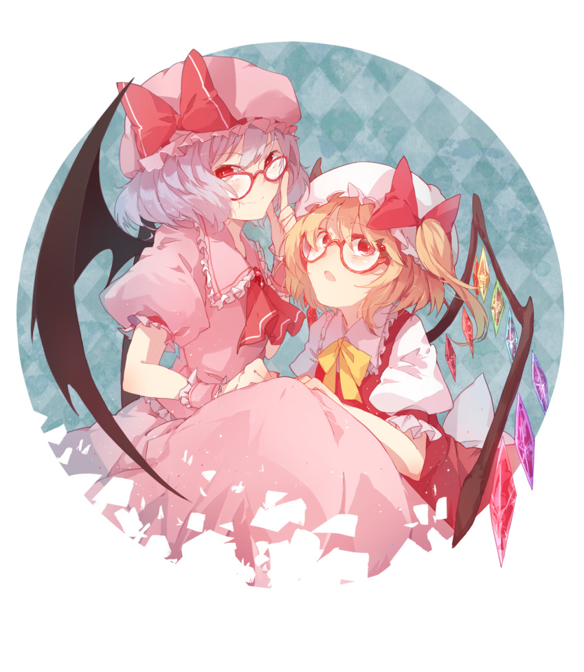 2girls bat_wings bespectacled blonde_hair dress fang flandre_scarlet glasses hat highres multiple_girls open_mouth purple_hair red-framed_glasses red_eyes remilia_scarlet shuzi siblings side_ponytail sisters touhou wings wrist_cuffs