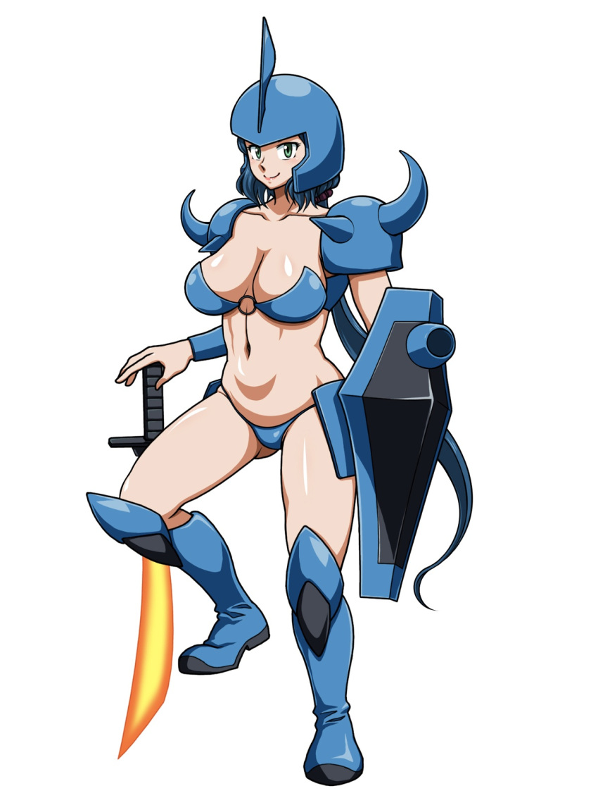 1girl artist_request bikini blue_bikini blue_hair blush boots breasts gouf green_eyes gundam gundam_build_fighters highres iori_rinko large_breasts long_hair looking_at_viewer mecha_musume mobile_suit_gundam ponytail shield simple_background smile solo spikes swimsuit sword weapon