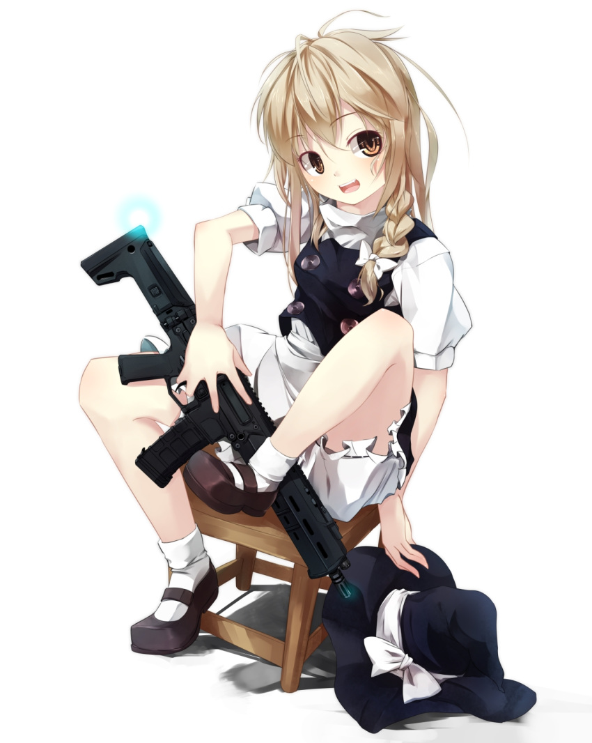 1girl apron assault_rifle blonde_hair bloomers bow braid chair gorilla_(bun0615) gun hat hat_bow hat_removed headwear_removed highres kirisame_marisa looking_at_viewer no_pants open_mouth rifle shirt simple_background single_braid sitting smile solo touhou underwear vest waist_apron weapon white_background witch_hat yellow_eyes
