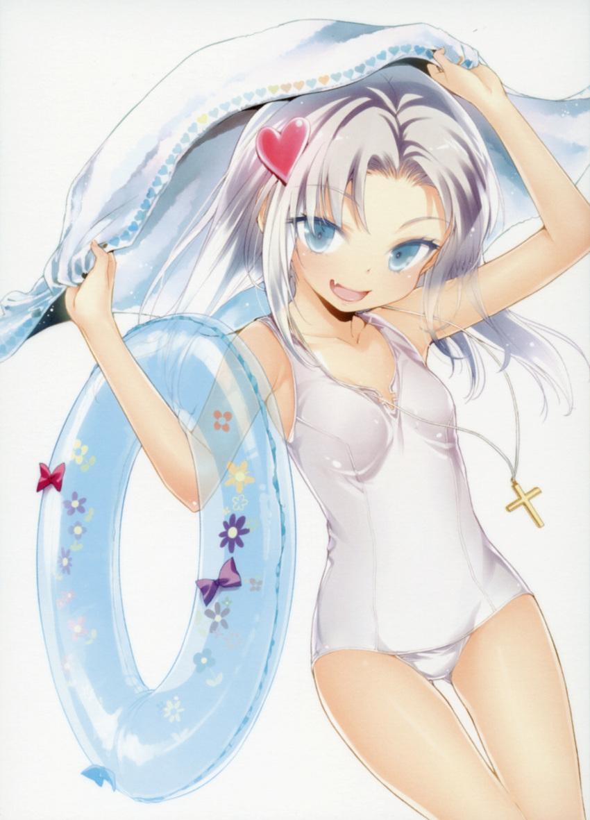 1girl :d absurdres blue_eyes blush boku_wa_tomodachi_ga_sukunai buriki cross fang hair_ornament heart heart_hair_ornament highres innertube jewelry long_hair necklace official_art one-piece_swimsuit open_mouth scan school_swimsuit silver_hair small_breasts smile solo swimsuit takayama_maria towel white_school_swimsuit white_swimsuit