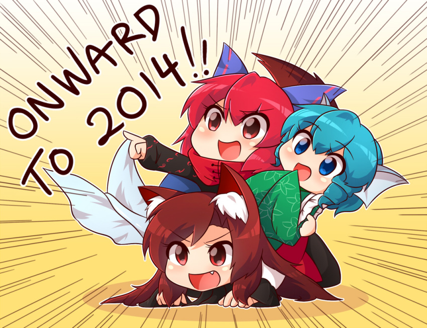 2014 3girls animal_ears blue_eyes blue_hair blush bow brown_hair cape chibi fang hair_bow head_fins imaizumi_kagerou japanese_clothes kimono long_hair long_sleeves mermaid monster_girl multiple_girls open_mouth red_eyes redhead sekibanki short_hair smile tail touhou wakasagihime wide_sleeves wolf_ears wolf_tail wool_(miwol)