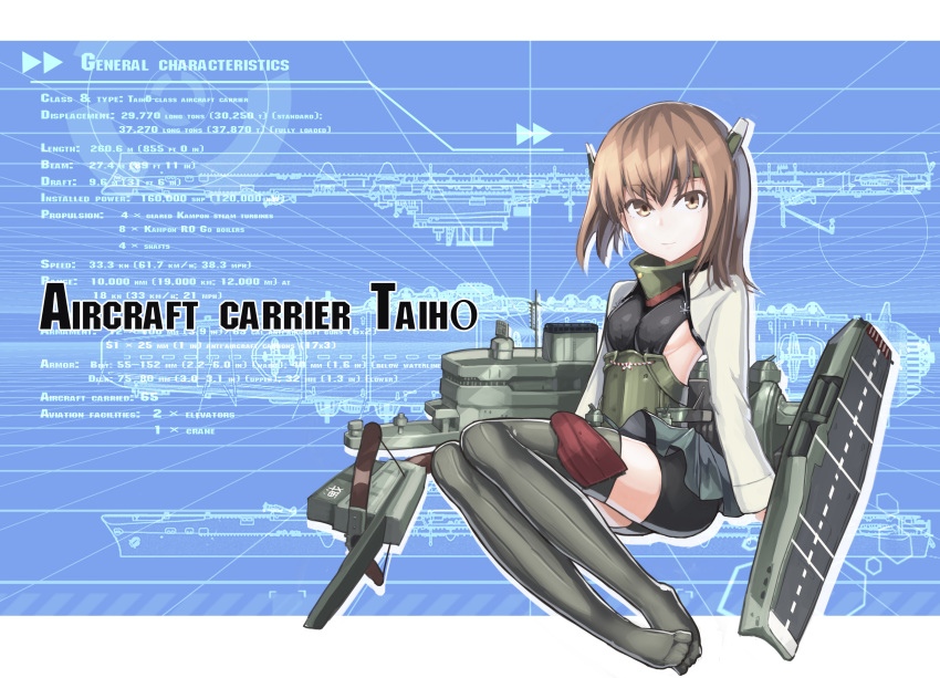 1girl absurdres armor bike_shorts blush bow_(weapon) breasts brown_eyes brown_hair corset crossbow genesisix headband headgear highres kantai_collection personification pleated_skirt short_hair sitting skirt smile solo stats taihou_(kantai_collection) text thighhighs weapon