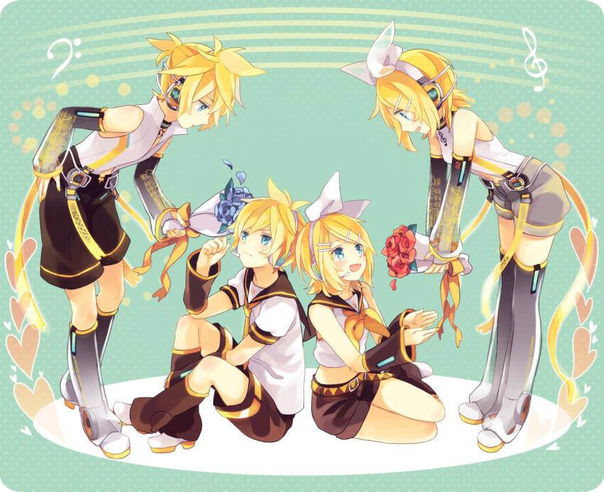 2boys 2girls akiyoshi_(tama-pete) blonde_hair blue_eyes blue_rose bouquet brother_and_sister dual_persona eye_contact flower hair_ornament hairclip headphones kagamine_len kagamine_rin leaning_forward looking_at_another midriff navel navel_cutout rose short_hair siblings sitting smile twins vocaloid vocaloid_append