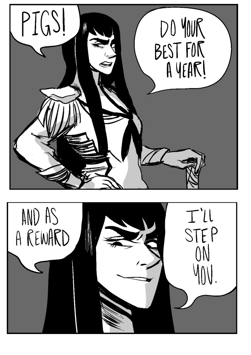 1girl 2koma comic english epaulettes eyebrows highres kill_la_kill kiryuuin_satsuki long_hair monochrome sadism solo teepo_(tp) thick_eyebrows