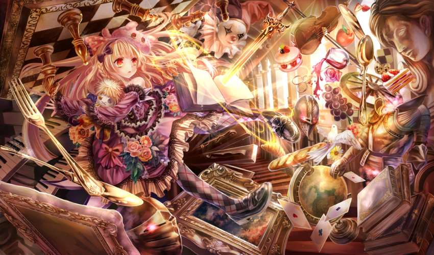 1girl alcohol apple argyle argyle_legwear armor baguette bird blonde_hair book bread card chess_piece chessboard cup dove fantasy flower food fork fox fruit full_armor globe grapes hairband hat instrument jester jester_cap knife letterboxed lolita_fashion open_book orange_eyes original piano_keys picture_frame playing_card rose shoes slice_of_cake solo spoon strawberry sunflower sword torino_akua violin weapon wine wine_glass