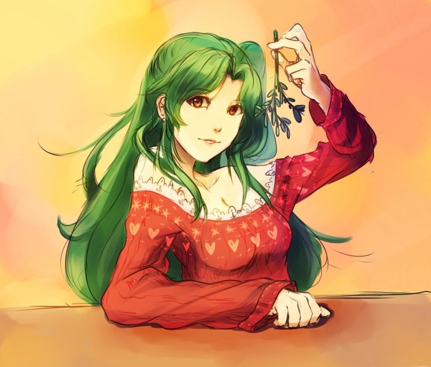 1girl aerlai bare_shoulders breasts brown_eyes christmas cleavage contemporary ear_studs earrings elincia_ridell_crimea fire_emblem green_hair highres jewelry long_hair looking_at_viewer mistletoe solo sweater