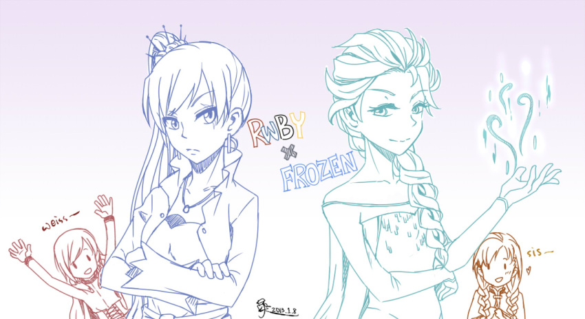 4girls ang_quan anna braid cape crossover elsa_(frozen) frozen_(disney) jewelry lineart long_hair multiple_girls multiple_monochrome ponytail ruby_rose rwby scar short_hair smile twin_braids weiss_schnee