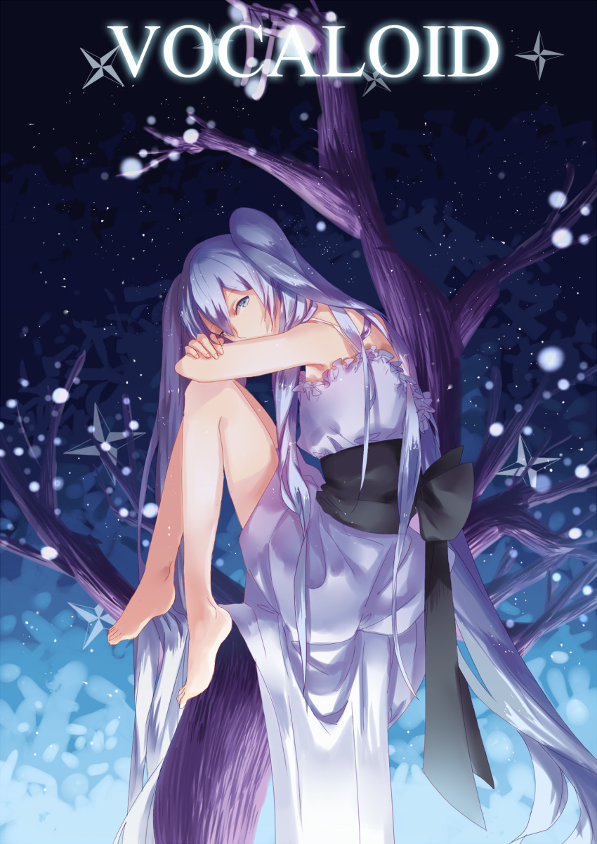 1girl absurdly_long_hair barefoot blue_eyes blue_hair copyright_name dress drrr84925 hatsune_miku highres in_tree long_hair night sitting sitting_in_tree solo tree twintails very_long_hair vocaloid
