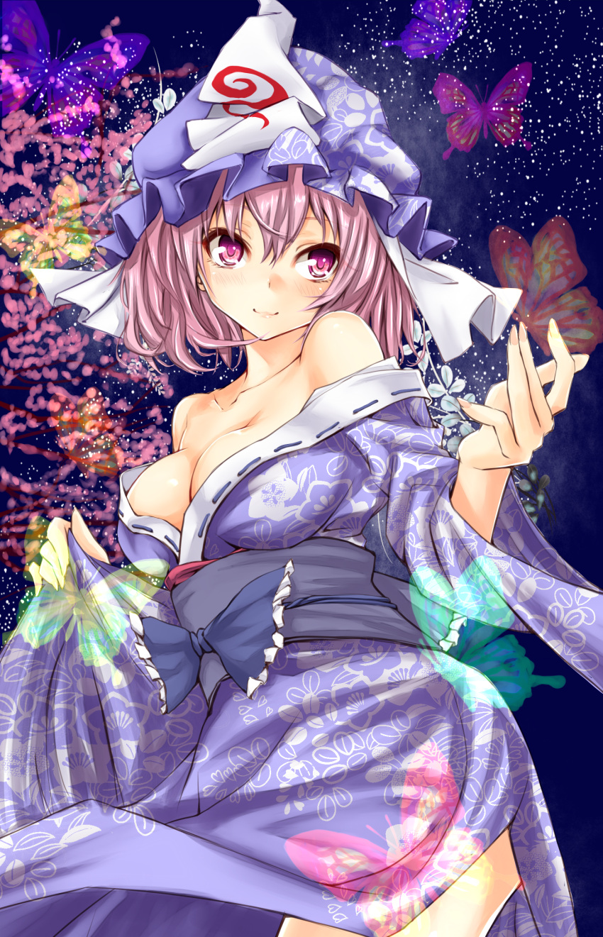 1girl absurdres amefurasy bare_shoulders blue_clothes blue_eyes blue_ribbon breasts butterfly cleavage collarbone floral_print hat highres japanese_clothes kimono large_breasts obi pink_eyes pink_hair revision ribbon-trimmed_collar ribbon_trim saigyouji_yuyuko smile solo touhou triangular_headpiece