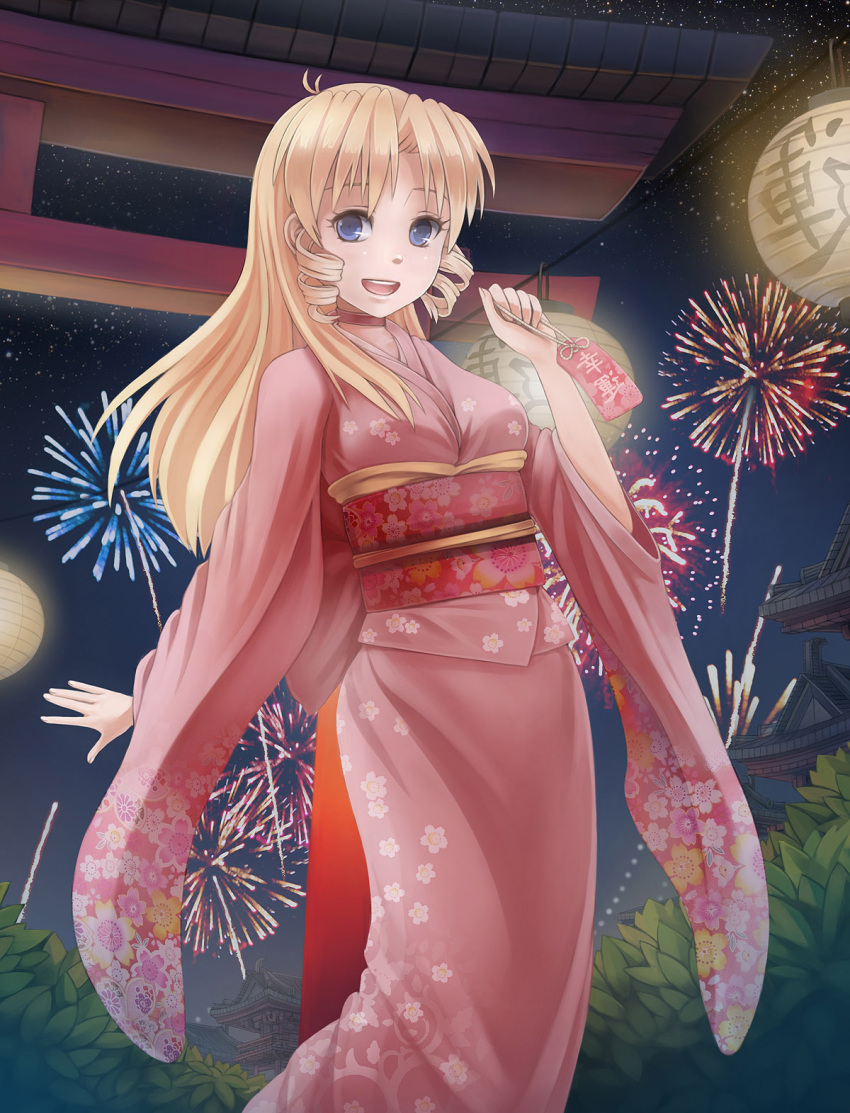 1girl blonde_hair blue_eyes breasts drawfag drill_hair fireworks floral_print highres japanese_clothes kimono lantern long_hair night night_sky obi pacifica_casull scrapped_princess sky smile torii twin_drills wide_sleeves