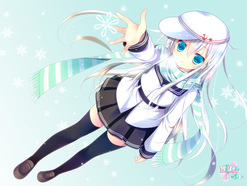 1girl black_legwear blue_eyes blush breath hammer_and_sickle hat hibiki_(kantai_collection) highres kantai_collection long_hair open_mouth personification pleated_skirt scarf shirogane_hina silver_hair skirt snowflakes solo thighhighs velt verniy_(kantai_collection) white_hair