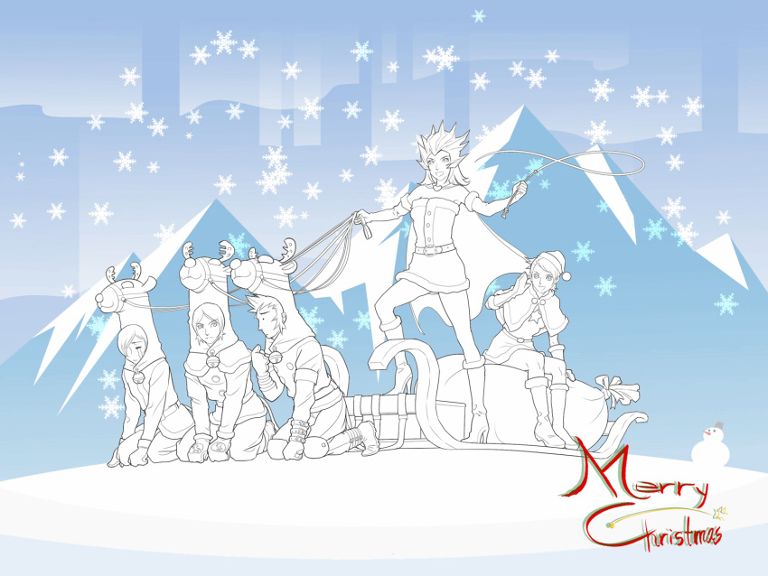 2girls 3boys amano_maya animal_costume christmas highres kurosu_jun lisa_silverman mishina_eikichi mountain multiple_boys multiple_girls parody persona persona_2 reindeer_costume reindeer_hat santa_costume shuffler sleigh snow suou_tatsuya whip