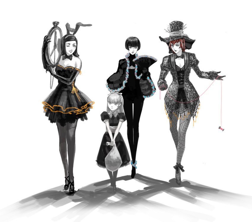 4girls alice_(megami_tensei) alice_in_wonderland amano_maya animal_ears clock fan folding_fan gothic_lolita hat highres kirishima_eriko lolita_fashion multiple_girls persona persona_2 rabbit_ears serizawa_ulala shin_megami_tensei shuffler spool thread top_hat