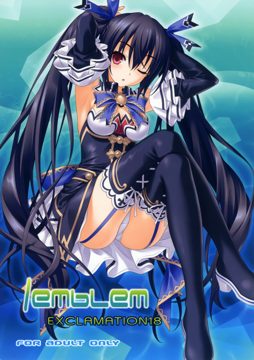 1girl ;o absurdres armpits arms_up black_hair black_legwear boots breasts brooch choujigen_game_neptune cleavage crossed_legs detached_collar detached_sleeves garter_straps hair_between_eyes hashimoto_takashi highres jewelry long_hair noire panties pantyshot pantyshot_(sitting) red_eyes scan sitting solo thigh_boots thighhighs twintails underwear very_long_hair white_panties wink