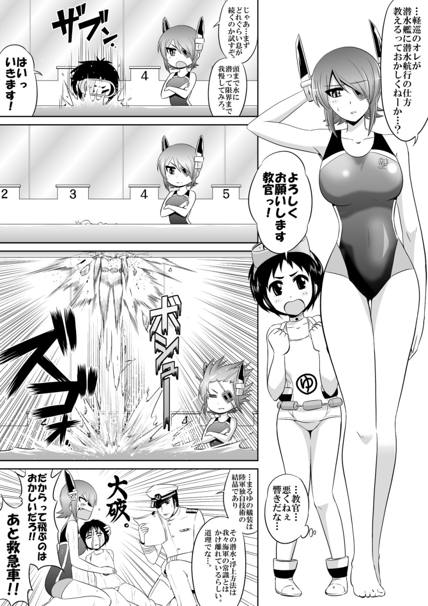 1boy 2girls admiral_(kantai_collection) blood breasts comic competition_swimsuit eyepatch goggles goggles_on_head headgear highres kanno_takanori kantai_collection large_breasts maru-yu_(kantai_collection) military military_uniform monochrome multiple_girls one-piece_swimsuit pool school_swimsuit swimsuit tenryuu_(kantai_collection) translation_request uniform