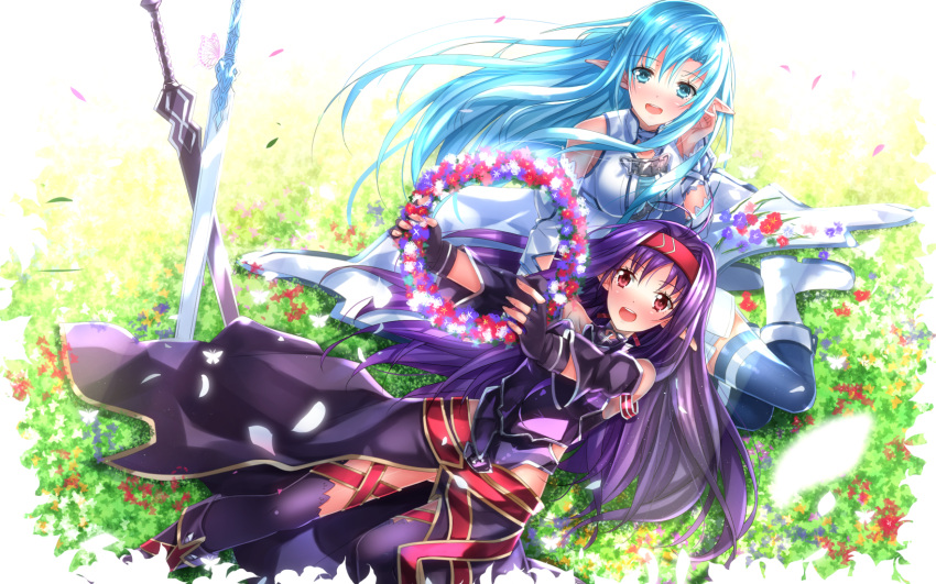 2girls :d asuna_(sao) asuna_(sao-alo) bare_shoulders blue_eyes blue_hair blush boots breasts detached_sleeves dress elf fingerless_gloves flower gloves hairband highres long_hair lying multiple_girls open_mouth planted_sword planted_weapon pointy_ears purple_hair red_eyes sitting skirt smile sword sword_art_online swordsouls thigh-highs weapon wreath yuuki_(sao) yuuki_asuna