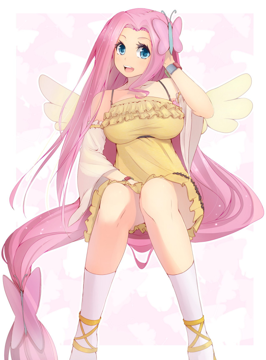 1girl absurdly_long_hair bare_shoulders blue_eyes bracelet breasts butterfly_hair_ornament detached_sleeves dress eyelashes fluttershy hair_ornament highres jewelry knees_together_feet_apart large_breasts long_hair low-tied_long_hair magister_(bigbakunyuu) mini_wings my_little_pony my_little_pony_friendship_is_magic personification pink_hair revision sitting smile socks solo spaghetti_strap very_long_hair