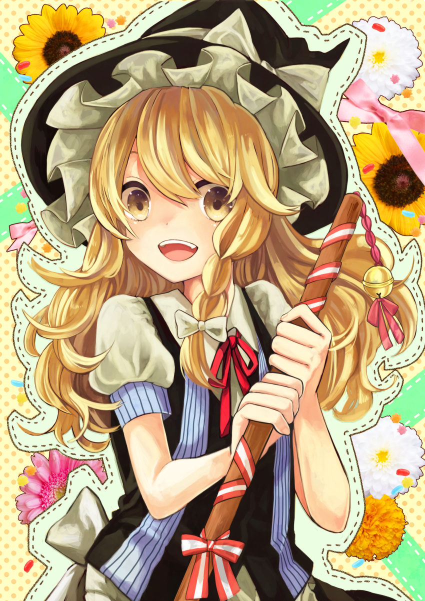 1girl absurdres ayame_(3103942) bell blonde_hair bow braid bust candy carnation floral_background flower hair_bow hat highres jelly_bean jingle_bell kirisame_marisa long_hair looking_at_viewer open_mouth outline puffy_short_sleeves puffy_sleeves ribbon short_sleeves single_braid solo sunflower touhou vest witch_hat yellow_eyes