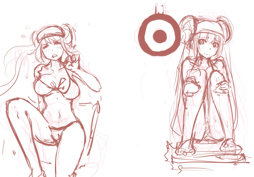 1girl bikini blush bouncing_breasts breasts collage double_bun dunk_tank falling highres knees_on_chest long_hair mei_(pokemon) monochrome pan!ies sketch swimsuit target twintails visor_cap wet