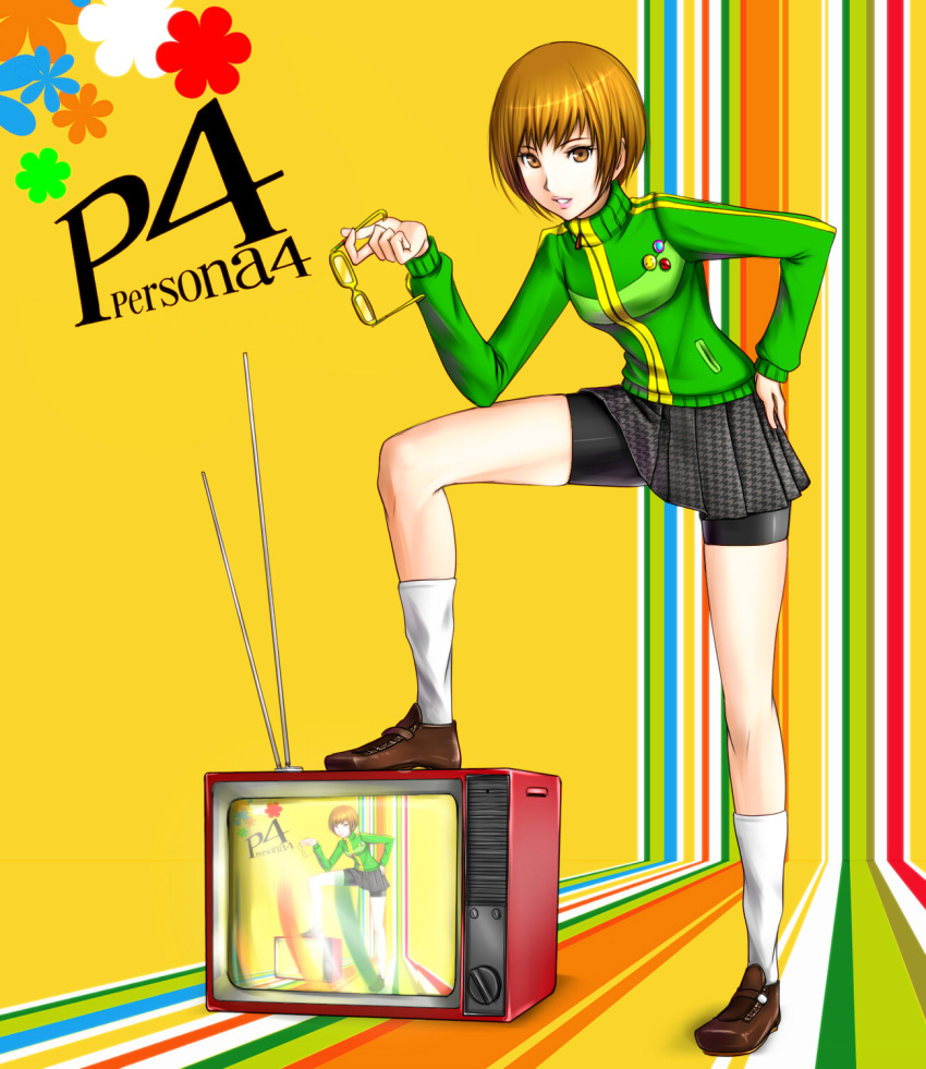 1girl badge bike_shorts brown_eyes brown_hair glasses glasses_removed highres kinakogm persona persona_4 projected_inset satonaka_chie short_hair skirt smile solo striped television track_jacket