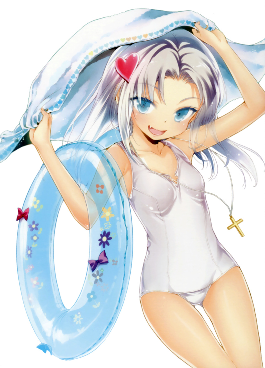 1girl :d absurdres arms_up blue_eyes blush boku_wa_tomodachi_ga_sukunai buriki cross fang hair_ornament heart heart_hair_ornament highres innertube jewelry long_hair necklace official_art one-piece_swimsuit open_mouth scan school_swimsuit silver_hair simple_background small_breasts smile solo swimsuit takayama_maria towel white_background white_school_swimsuit white_swimsuit