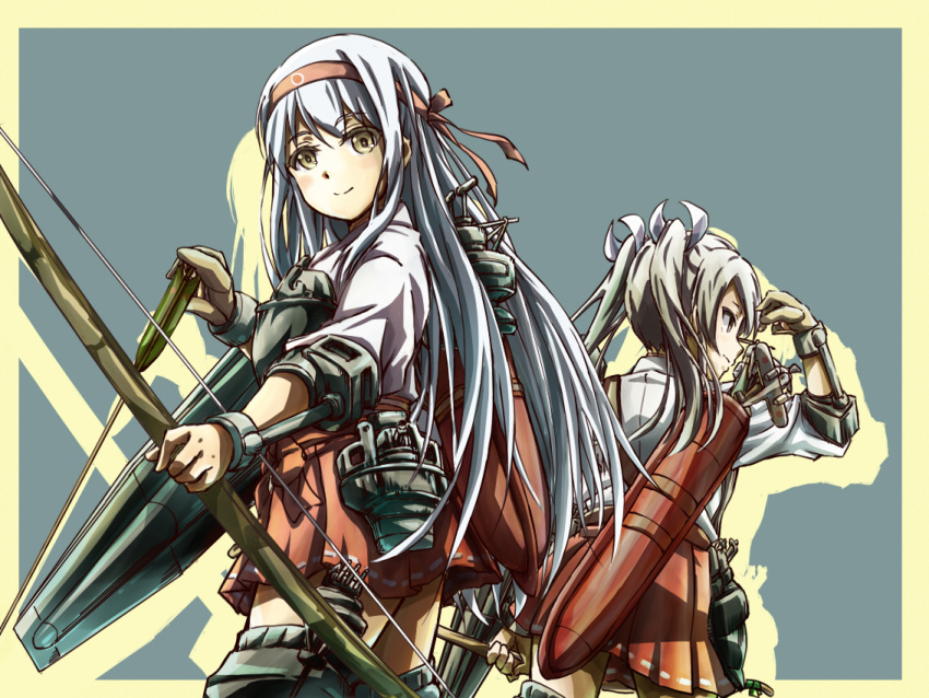2girls airplane archery arrow back-to-back black_hair blush boots bow_(weapon) brown_eyes brown_hair grey_hair hair_ribbon hairband japanese_clothes kantai_collection kyuudou long_hair multiple_girls muneate ocean open_mouth personification quiver ribbon shoukaku_(kantai_collection) silver_hair skirt smile suneo_(goten) thigh-highs thigh_boots twintails water weapon yugake zuikaku_(kantai_collection)