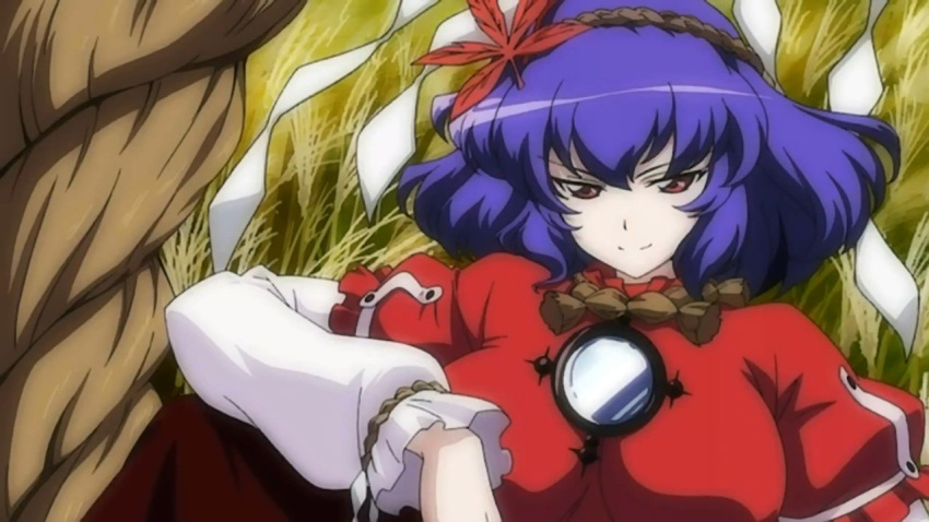 1girl blue_hair breasts grass hairband large_breasts leaf leaf_on_head long_sleeves looking_at_viewer lunamoon maple_leaf mirror puffy_sleeves red_eyes rope screencap shimenawa shirt short_hair sitting skirt smile solo the_memories_of_phantasm touhou white_shirt yasaka_kanako