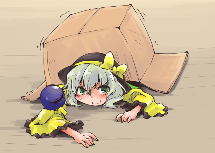 1girl bow box cardboard_box crawling green_eyes hat hat_bow hiding in_box in_container komeiji_koishi long_sleeves looking_at_viewer metal_gear_solid shinapuu shirt silver_hair smile solo third_eye touhou wide_sleeves