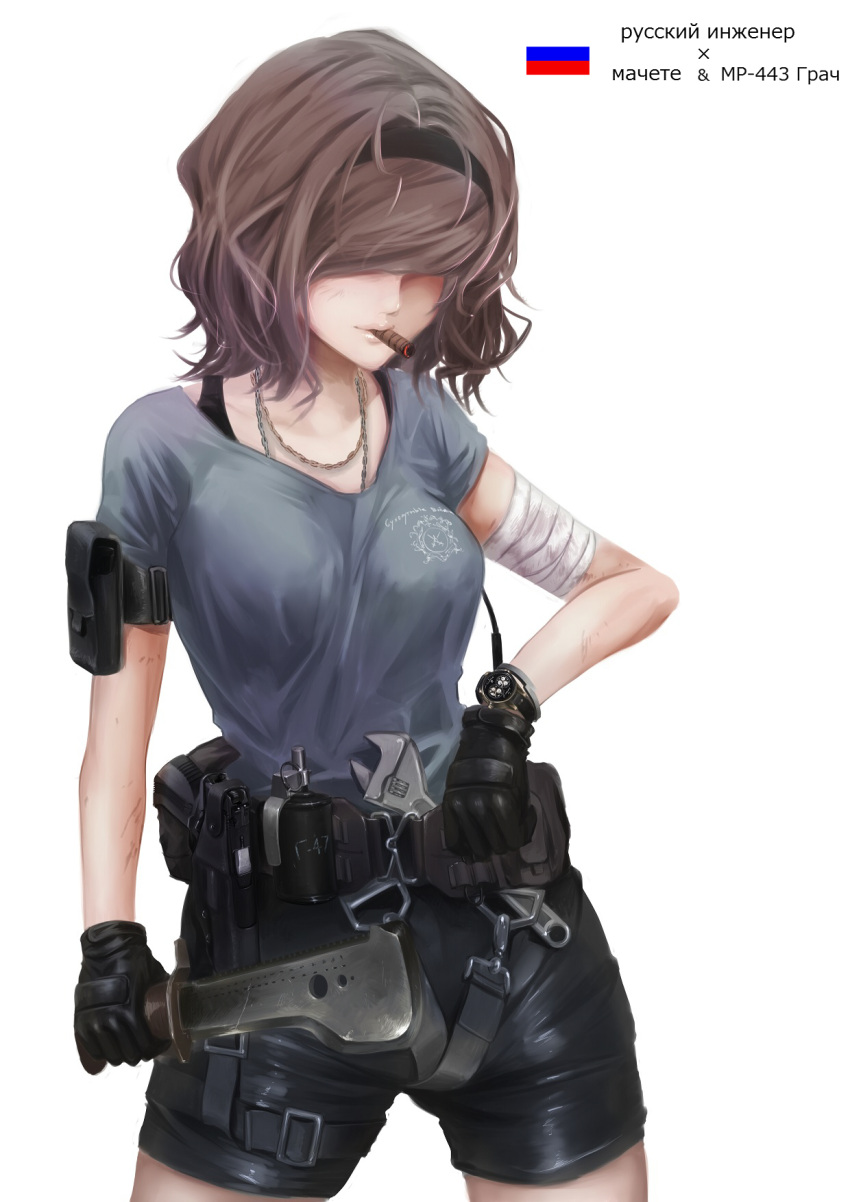 1girl adjustable_wrench bandages battlefield_(series) battlefield_4 brown_hair cigar gloves gun handgun headband highres jewelry machete mp443 necklace operator russian russian_flag short_hair shorts simple_background solo terabyte_(rook777) watch weapon white_background wrench