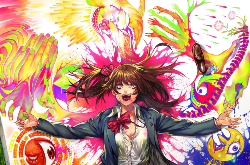 1girl asymmetrical_clothes bandages bow brown_hair crazy green_eyes hair_bow highres long_hair messy_hair open_mouth original outstretched_arms partially_undressed shikihara_mitabi single_shoe smile solo spread_arms