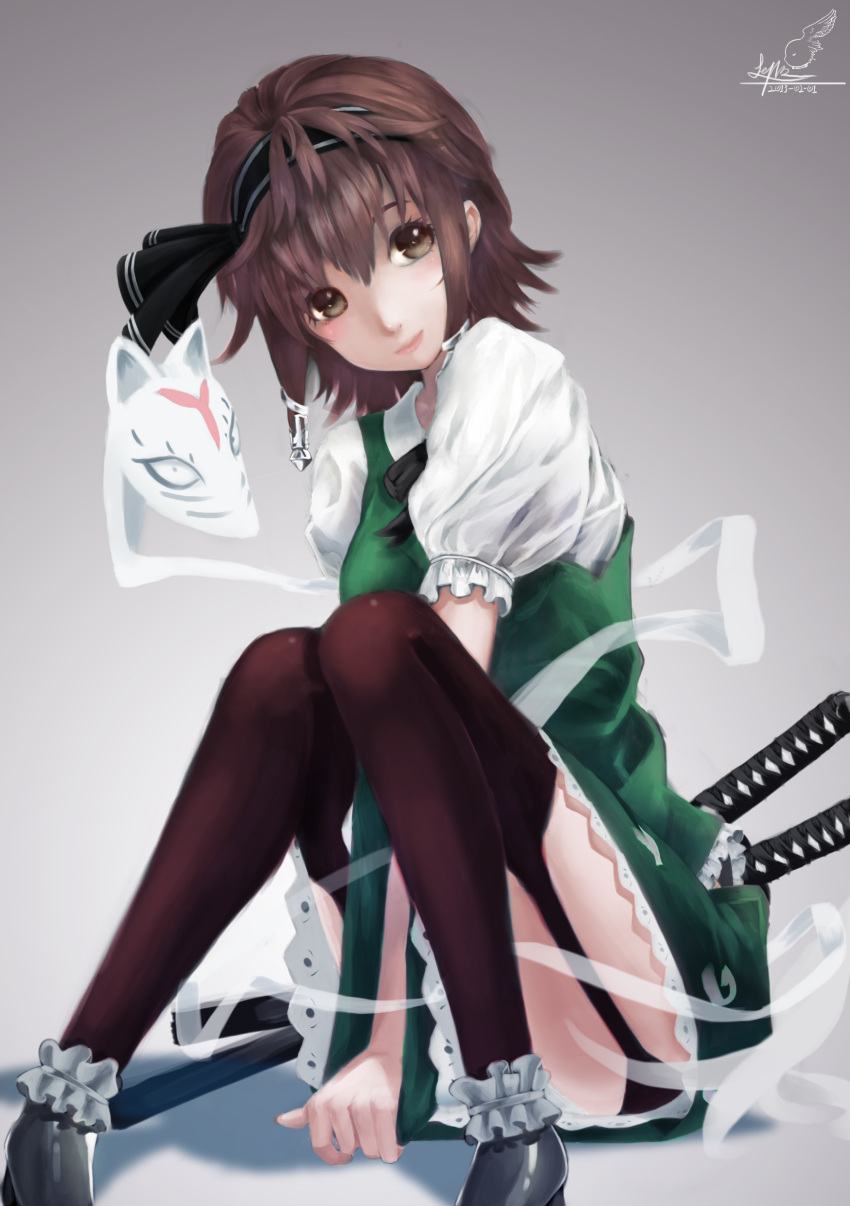 1girl absurdres brown_eyes brown_hair character_request covering covering_crotch dated ears fox_mask frilled_legwear frills garter_straps grey_background hair_ornament hairband hairclip highres konpaku_youmu_(cosplay) lepus lips mask nose ribbon shirt short_hair signature skirt skirt_pull spirit sword thighhighs touhou weapon