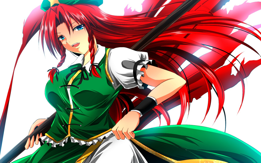 1girl blue_eyes braid breasts hair_ribbon hat highres hong_meiling long_hair looking_at_viewer nekominase open_mouth polearm puffy_short_sleeves puffy_sleeves redhead ribbon short_sleeves simple_background skirt skirt_hold skirt_set solo star touhou twin_braids very_long_hair weapon white_background wrist_cuffs