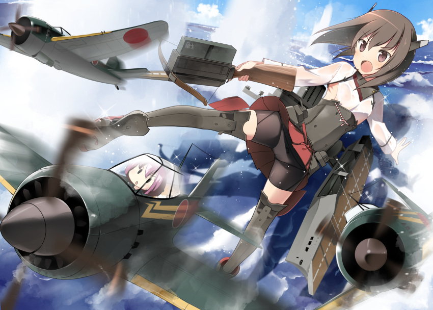 2girls a6m_zero airplane armor battle bell_(artist) bike_shorts blush boots bow_(weapon) brown_eyes brown_hair crossbow fairy_(kantai_collection) flat_chest headband headgear highres kantai_collection multiple_girls ocean open_mouth personification short_hair skirt taihou_(kantai_collection) thigh_boots thighhighs weapon