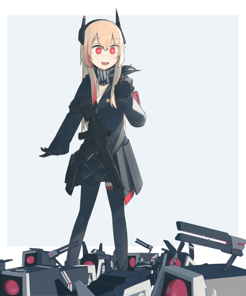 1girl asymmetrical_legwear black_gloves black_jacket black_legwear black_scarf black_skirt blonde_hair breasts dinergate_(girls'_frontline) eyebrows_visible_through_hair girls_frontline gloves headphones highres hinami047 holding holding_weapon jacket long_hair looking_away looking_down m4_sopmod_ii m4_sopmod_ii_(girls'_frontline) multicolored_hair open_mouth red_eyes scarf simple_background skirt smile solo standing star-shaped_pupils star_(symbol) symbol-shaped_pupils weapon