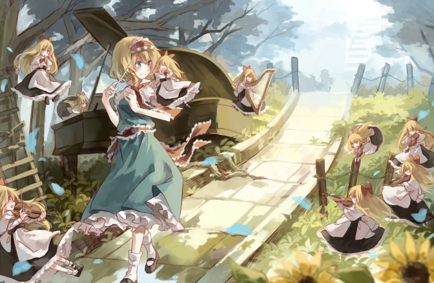 1girl alice_margatroid apron asuka_(louyun) black_dress blonde_hair blue_dress blue_eyes bow bow_(instrument) capelet closed_eyes dress fence flower flying_sweatdrops grand_piano hair_bow hairband harp instrument ladder lolita_hairband long_hair open_mouth path petals piano revision road sash shanghai_doll short_sleeves smile touhou tree violin waist_apron