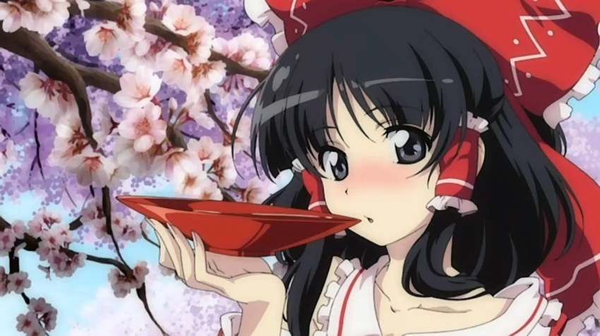 1girl alcohol black_eyes black_hair blush cherry_blossoms floral_background flower frills hair_ornament hair_ribbon hair_tubes hakurei_reimu japanese_clothes long_hair looking_at_viewer lunamoon miko open_mouth ponytail ribbon sakazuki sake screencap solo the_memories_of_phantasm touhou tree