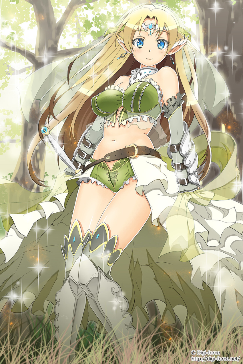 1girl armor bare_shoulders blonde_hair blue_eyes earrings elbow_gloves elf forest frills gloves highres jewelry kimura_tatsuki looking_at_viewer nature navel original pointy_ears smile solo thighhighs tree