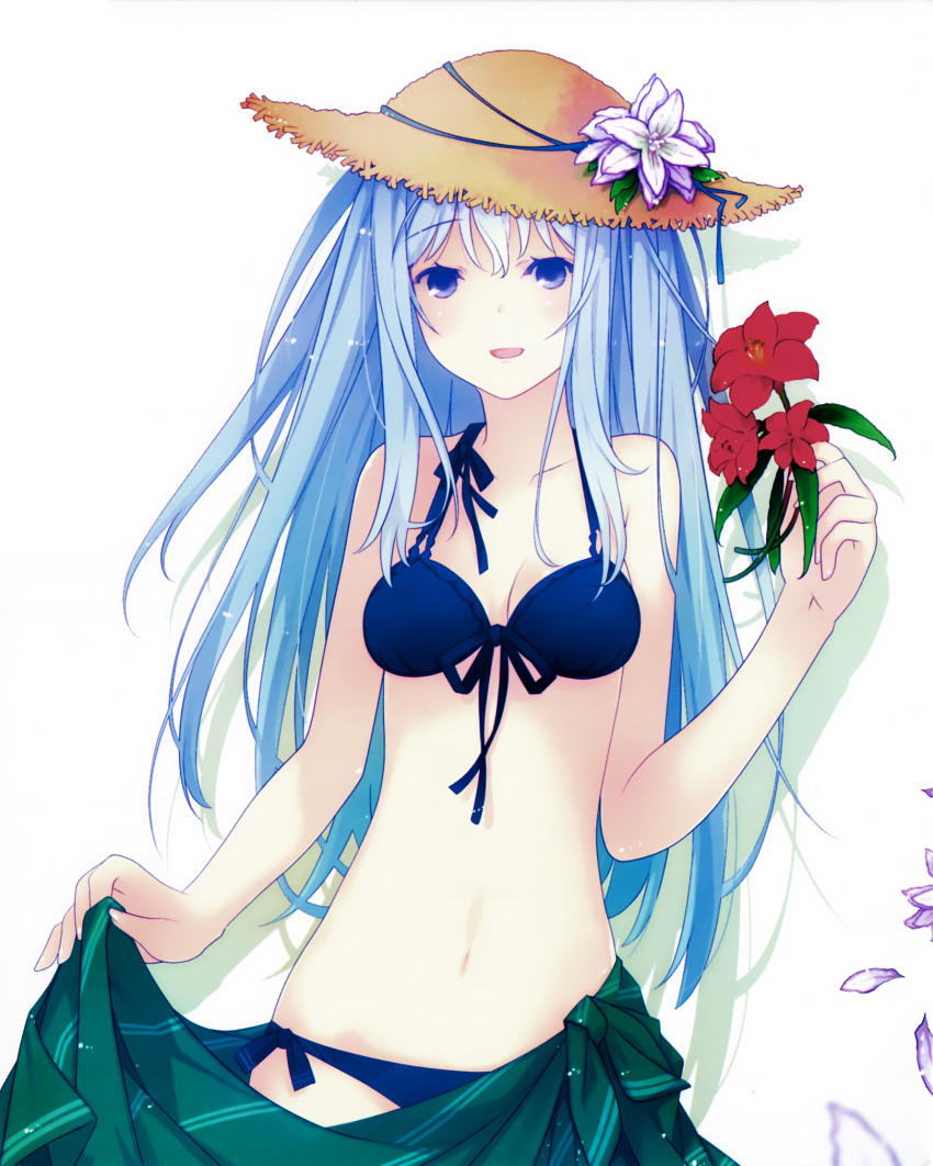 1girl :d bikini blue_bikini blue_eyes blue_hair breasts cleavage front-tie_top hat highres long_hair natsukawa_masuzu navel open_mouth ore_no_kanojo_to_osananajimi_ga_shuraba_sugiru petals ruroo sarong scan smile solo straw_hat sun_hat swimsuit