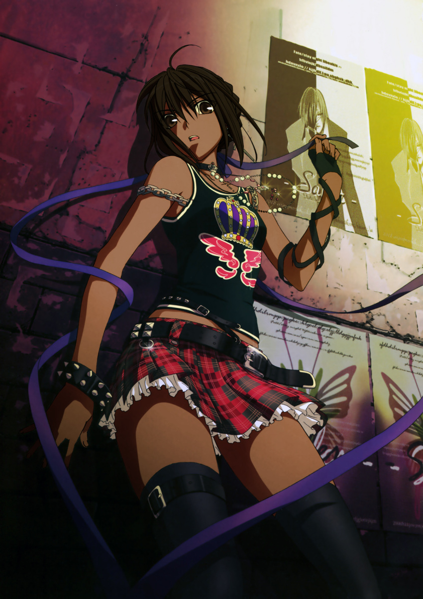 1girl ahoge alternate_color alternate_costume alternate_hair_color artist_request belt black_legwear bracelet brown_eyes brown_hair casual chain choker contemporary dark_skin derivative_work fate/stay_night fate_(series) fingerless_gloves frills gloves highres jewelry looking_at_viewer necklace open_mouth photoshop plaid punk ribbon saber single_glove skirt solo strap tank_top thighhighs zettai_ryouiki