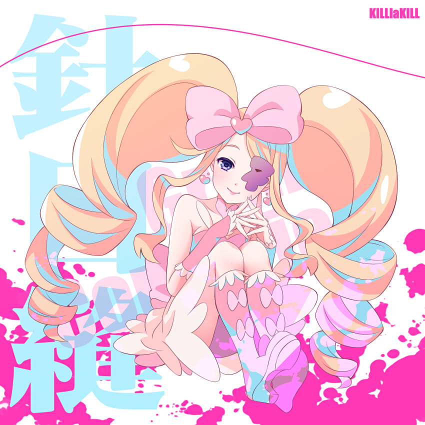 1girl blonde_hair blue_eyes boots bow dress drill_hair earrings eyepatch hair_bow harime_nui highres jewelry kill_la_kill long_hair shima_(hummin_gbird) sitting smile solo twin_drills twintails wrist_cuffs