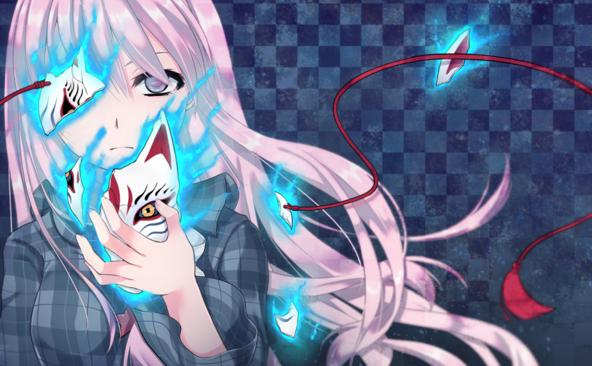1girl aura breasts broken checkered checkered_background ears expressionless fox_mask geike glowing hata_no_kokoro holding lavender_eyes lavender_hair long_hair looking_at_viewer mask plaid plaid_shirt shattered touhou