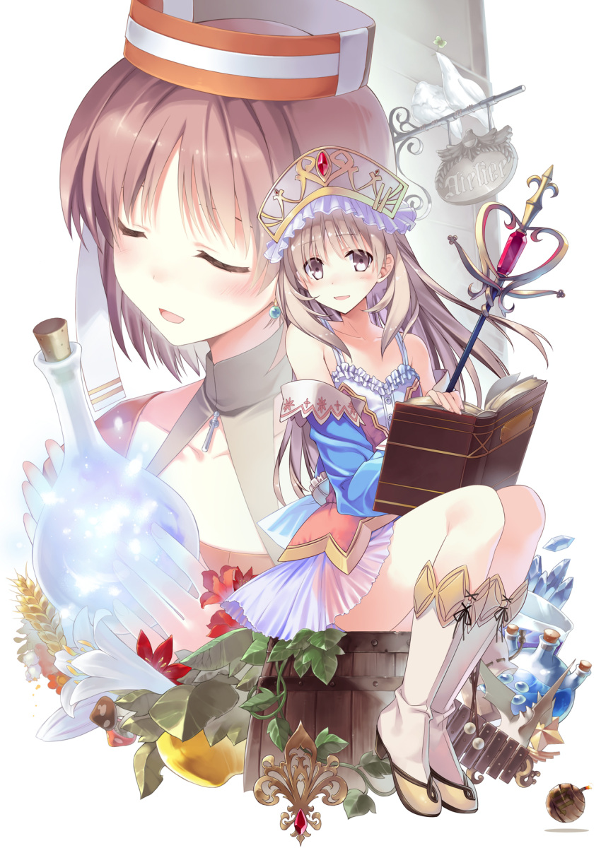 2girls atelier_(series) atelier_elie_alchemist_of_salburg_2 atelier_totori barrel bomb book boots brown_eyes brown_hair closed_eyes elfir_traum flask flower hat highres knee_boots long_hair multiple_girls ooba_kagerou short_hair sitting skirt smile totooria_helmold wand